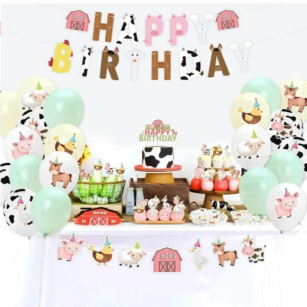 Farm Animals Birthday Party Barnyard Decor Banner Cake Topper Balloon Hat Pastel
